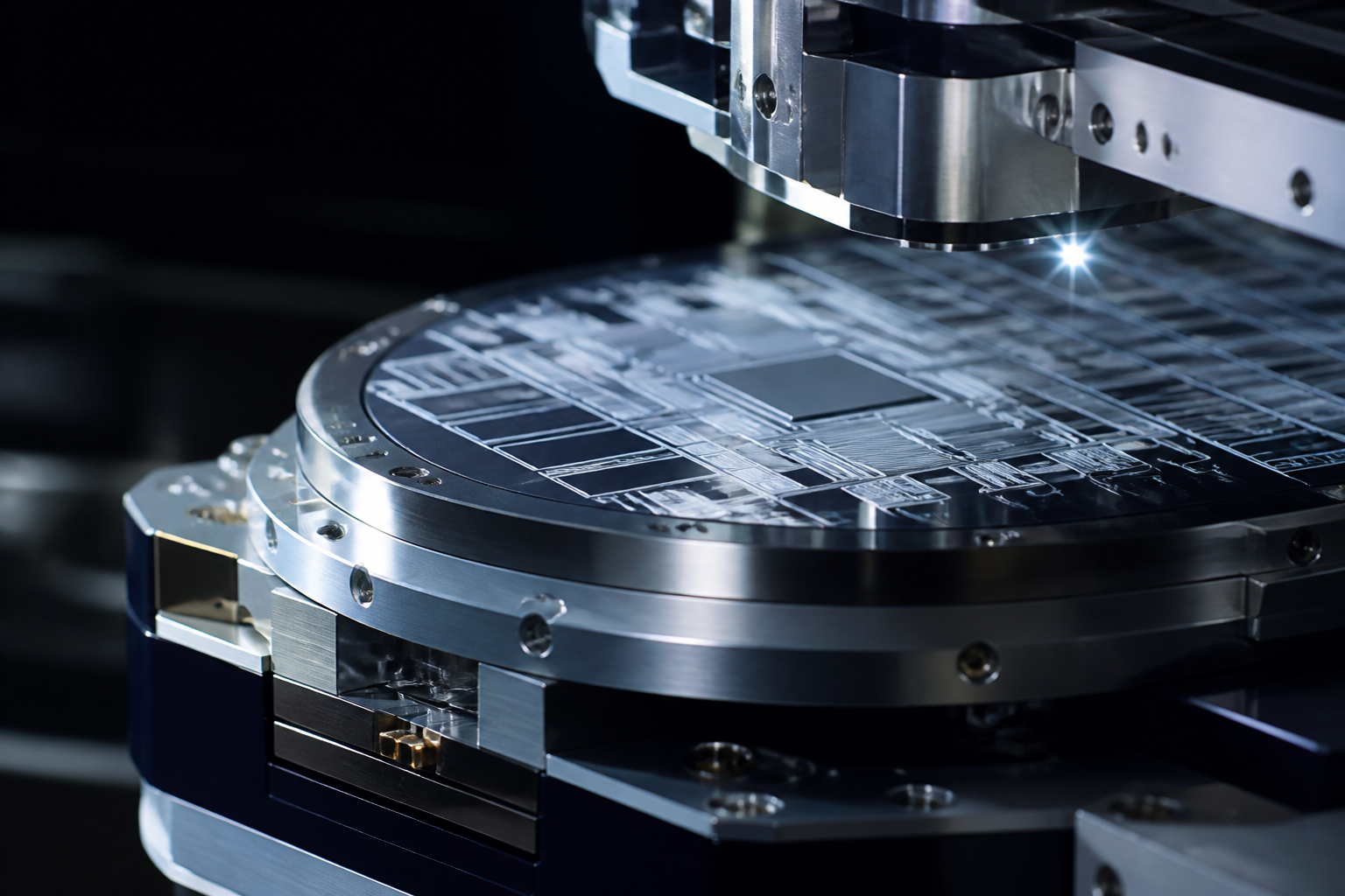 Precision hardware: a dark wafer on a machined metal stage